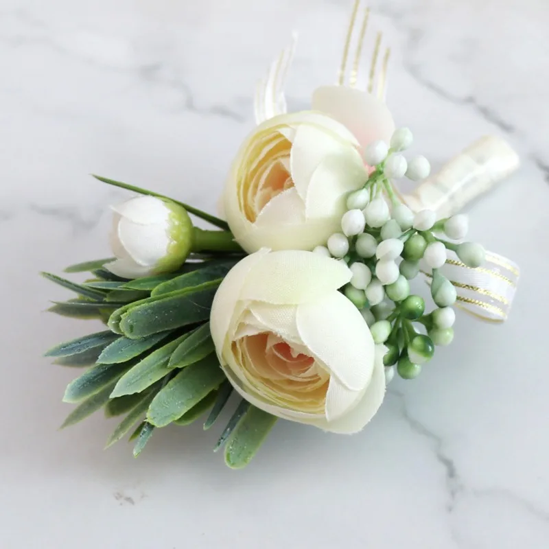 Boutonnieres Flowers Artificial Roses Silk Ivory Corsage Buttonhole Groomsmen Boutonniere for Men Wedding Accessories