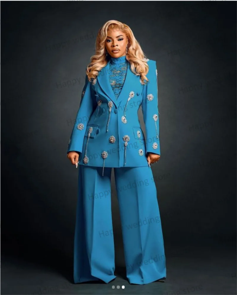 Women Suit Set 2 Pieces Royal Blue Women Pants Suits Set Blazer + Wide Leg Trousers