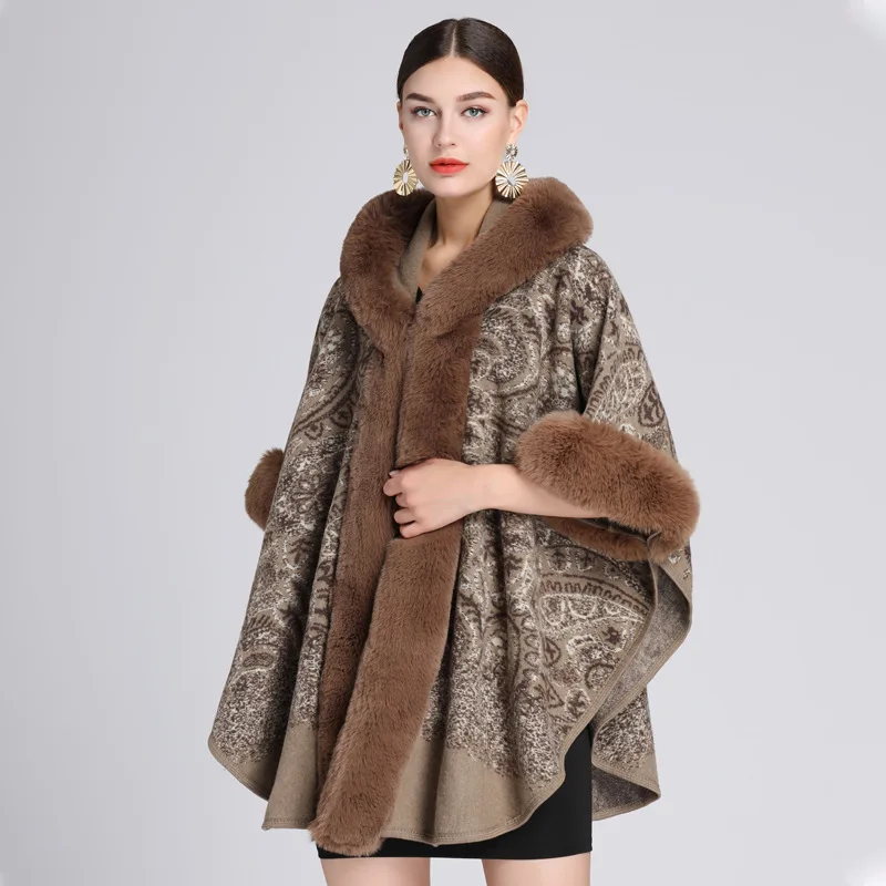 

Autumn Winter New Imitation Otter Rabbit Fur Collar Jacquard Hooded Shawl Cape Imitation Wool Ponchos Coffee Capes Women Cloak