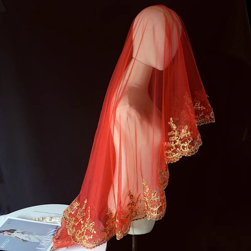Muslim Bridal Veil Gold Lace Edge Red Tull Women Wedding Party Accessories One Layer