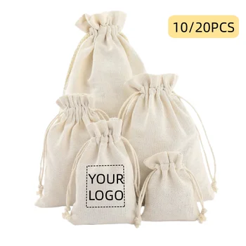 10/20Pcs Custom Cotton Linen Drawstring Bags Reusable Storage Dust Pouchs for Jewelry Gifts Ideal for Wedding Easter Christmas 1
