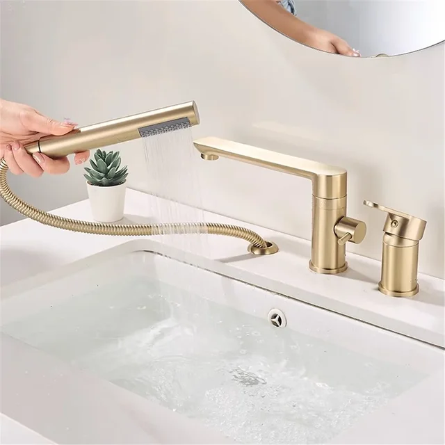 Brushed Gold ก๊อกน้ําอ่างอาบน้ําแพร่หลายอ่างอาบน้ําอ่างล้างจานแตะทองเหลืองสีดําห้องน้ําอาบน้ําก๊อกน้ําพร้อมหัวฝักบัวมือ 4