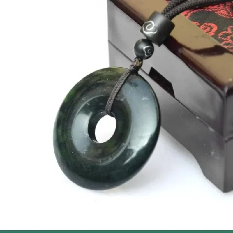 Natural Black Green Jade Doughnut Pendant Necklace Hetian Stone Carved Chinese Jadeite Jewelry Charm Amulet Gifts for Women Men