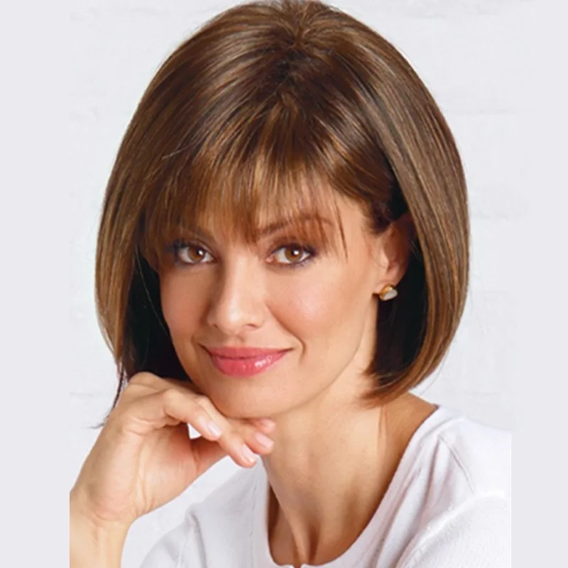 New Wigs Short Hair Natural Color Dark Brown Hair Cover Air Bangs Style Popular Short Wig with Bangs for Women Girls