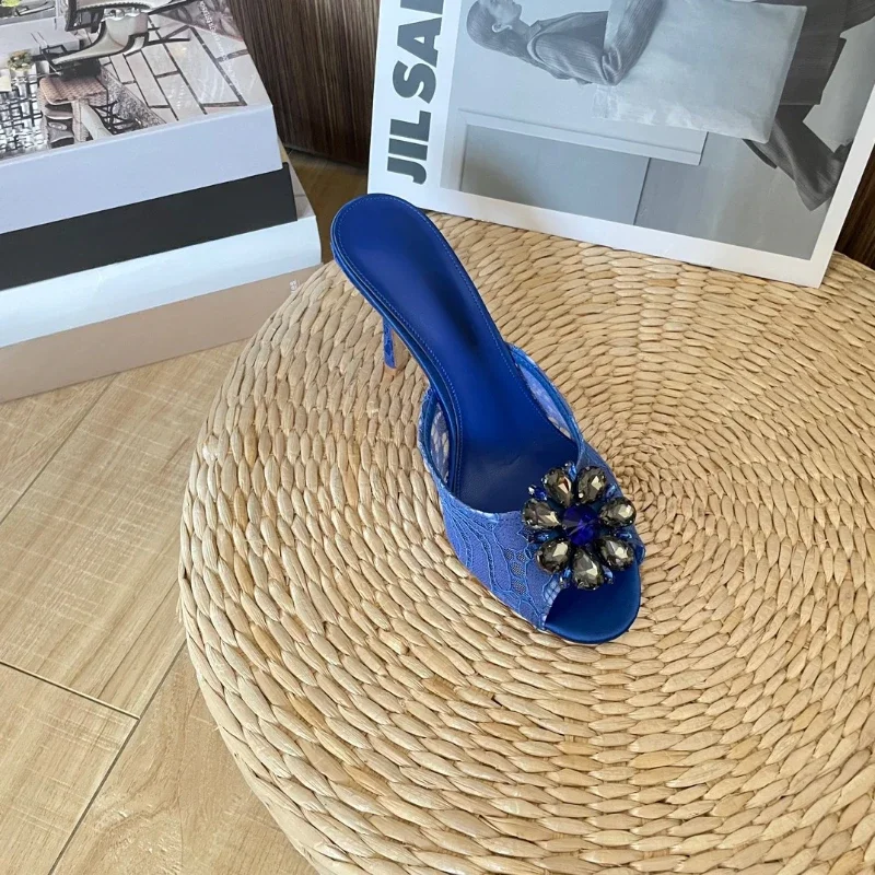 2023 Lace Round Toe High Heels Mesh Breathable Rhinestone Thin Heel Women's Sandals 6CM Wedding Shoes