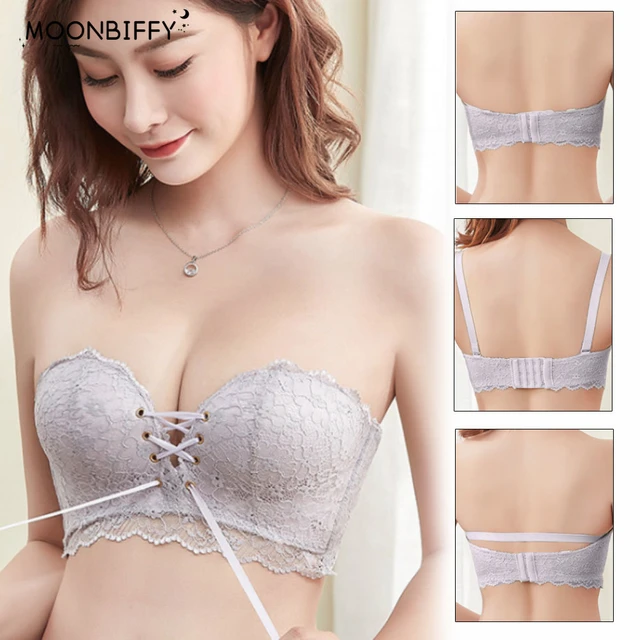 Women Lace Bralette Sexy Bras Push Up Bra Drawstring Strapless Invisible  1/2 Cup Wire Free