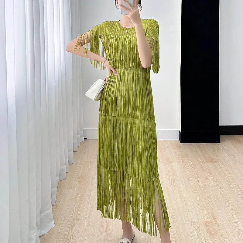 

Miyake Tassel Dress Women's Summer 2023 New Elegant Style Short Sleeve Cake Skirt Comfortable Long Dresses High end Clothing