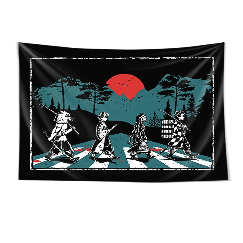 Cute Japan Demon Slayer Anime Tapestry Kawaii Decor Moon Japanese Style Skull Decoration Polyester For Teen Room Black