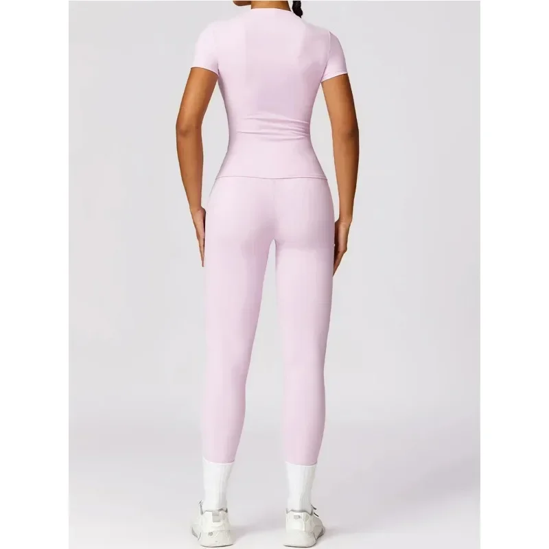 Yoga Set Seamless Yoga Set Women Pink Short Sleeve Top with High Waist Leggings Two Piece Workout Clothes Sports Fitness Gym Sets sports set gym workout set sportswear set fitness set sports bra set yoga pants set