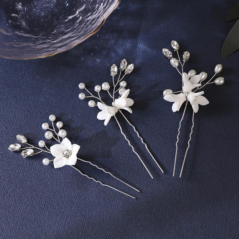 Bride Wedding Ceramic Flower Hair Accessories Pearl Rhinestone Hair Pins For Women Headpiece Jewelry Bridesmaid Gift 3Pcs/Lot