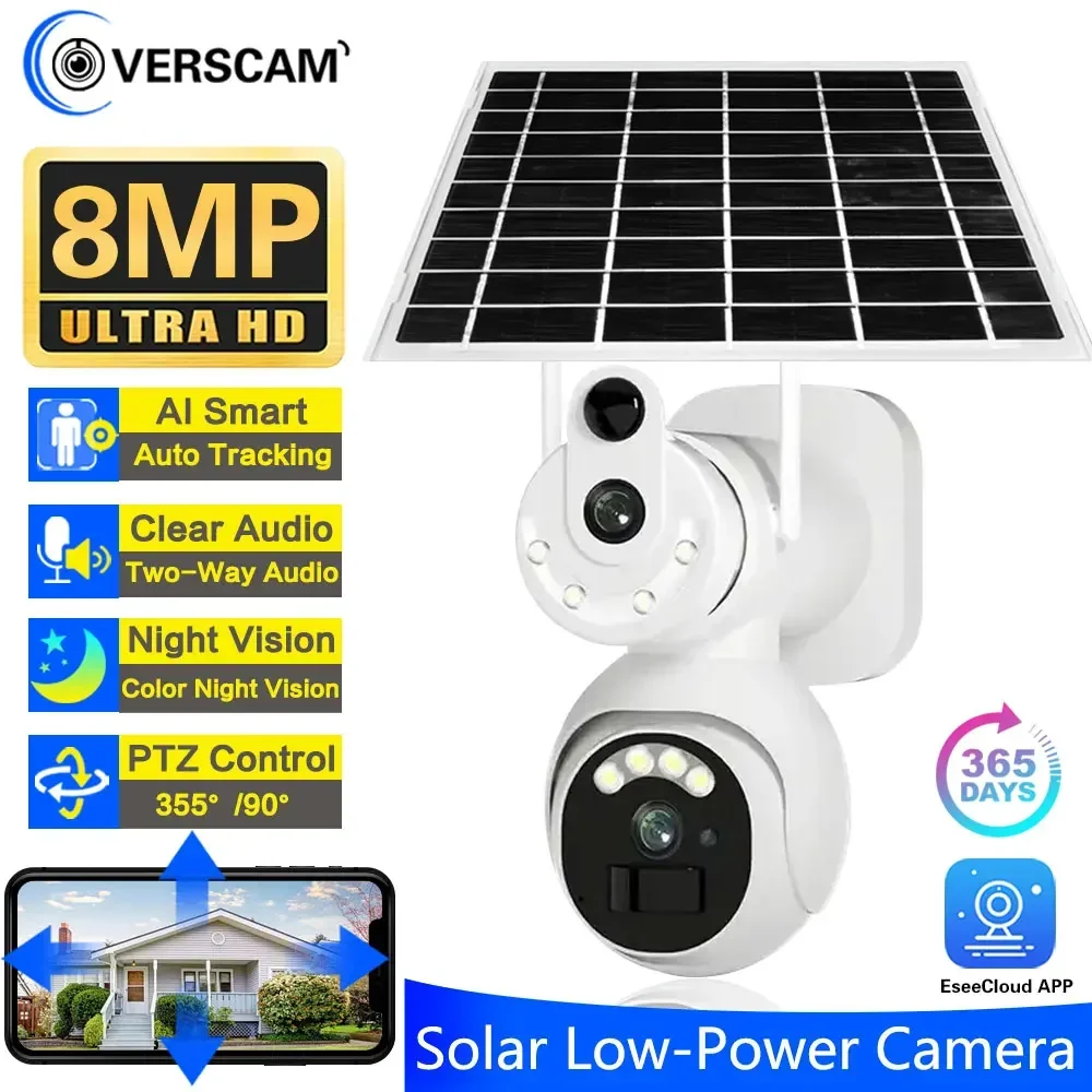 8Mp Uhd Dual Screen Solar Wifi Camera 4K Outdoor Dual Lens Full Color Pir Detection Human Auto Tracking Telecamera Di Sicurezza Solare