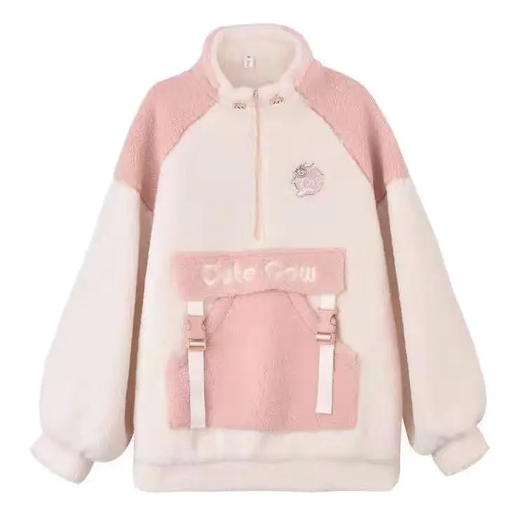 Kawaii Plush Sweatshirts Femme 2022 Autumn Fleece Long Sleeve Top Embroidery Hoodies Pocket Winter Clothes Women