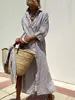 Ladies Shirt Dress 2024 Autumn New Lapel Single Breasted Striped Printed Vestidos Elegant Lace Up Split Commuting Long Dresses 4
