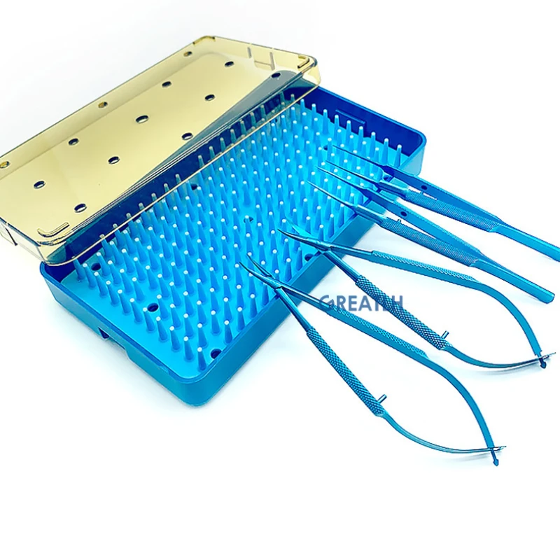 

Набор из 4 титановых офтальмологических изогнутых щипцов с держателем игл и ножницами, чехол с подносом для стерилизации, офтальмологические хирургические инструменты