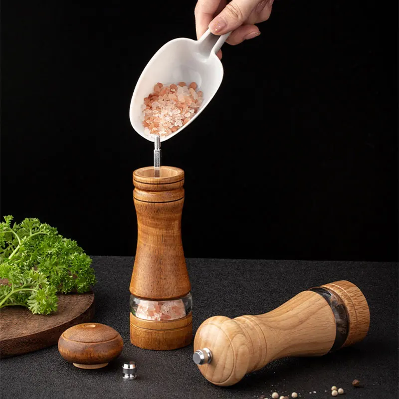 Manual Pepper Grinder Wooden Salt and Pepper Mill, Multi-purpose Kitchen Tool, Solid Wood Grinder for Household, 6 in