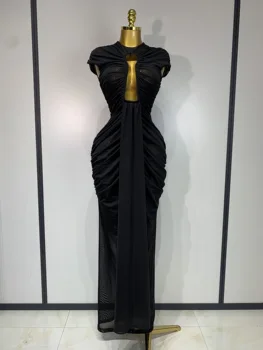 Women Sexy Sleeveless O-Neck Bodycon Mesh Long Dress Hollow Out Celebrate Fashion Show Celebrity Evening Party Club Dress 1