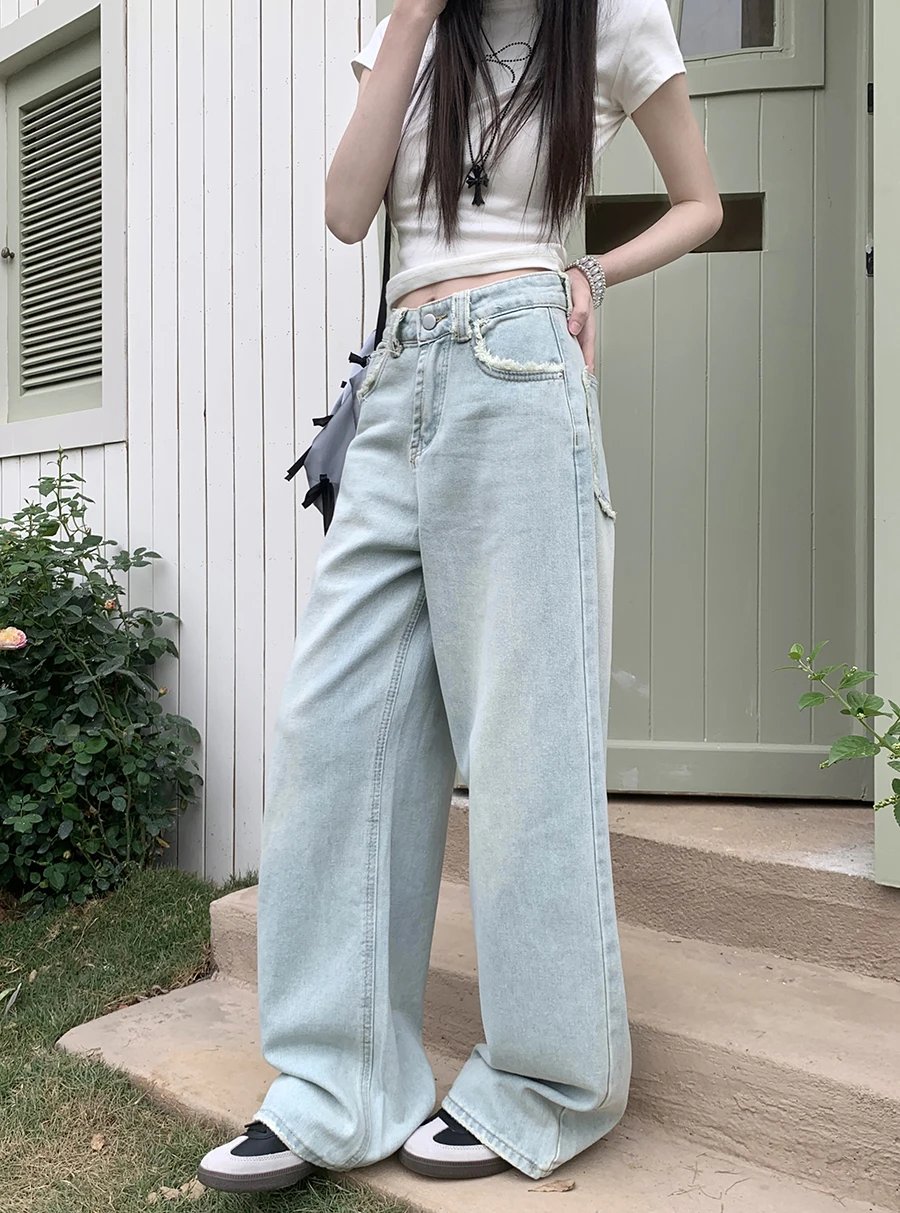 

Benuynffy Raw Trim High Waisted Jeans Women 2024 New American Vintage Streetwear Y2k Casual Washed Loose Wide Leg Denim Trousers