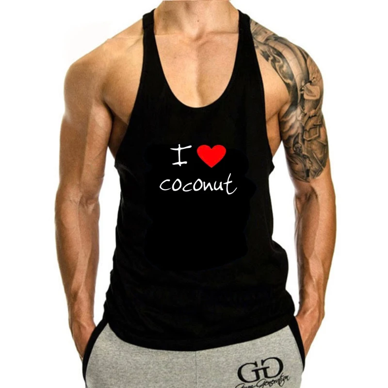 

2024 Hot sale Men Summer sleeveless Casual Adult tank top men I Love Heart Coconut Black tank top men Custom Made Men sleeveless