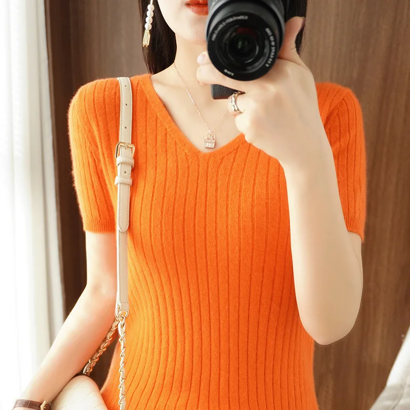 

2024 Summer New Short sleeved T-shirt Women's Pullover Short sleeved Spring and Autumn V-neck Knitted Bottom Top