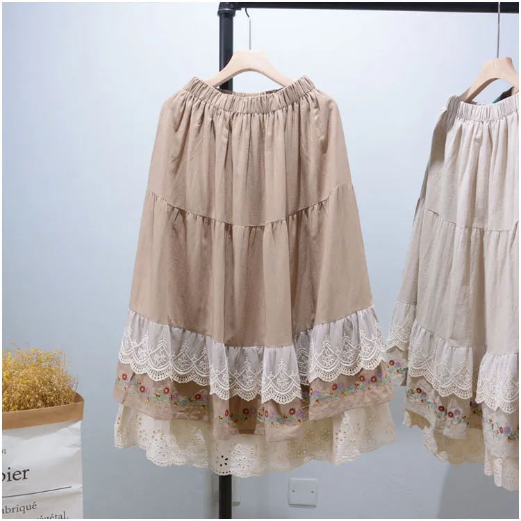 Spring Korean Style Mori Girl Sweet Cotton Linen Double-layer Skirt Stitching Elastic Waist All-match Embroidery A-line Skirt slazenger skort