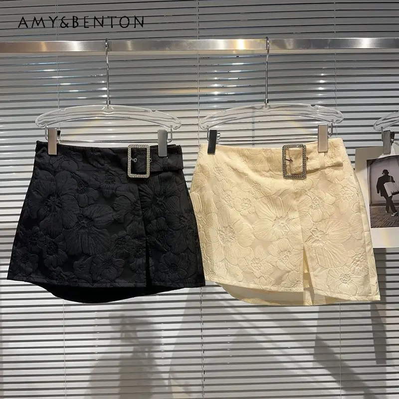 

2023 Summer New Fashion Classic Style Kawaii Skirt Dark Pattern Belt Split Temperament Skirt Hip Mini Skirt For Women Clothing