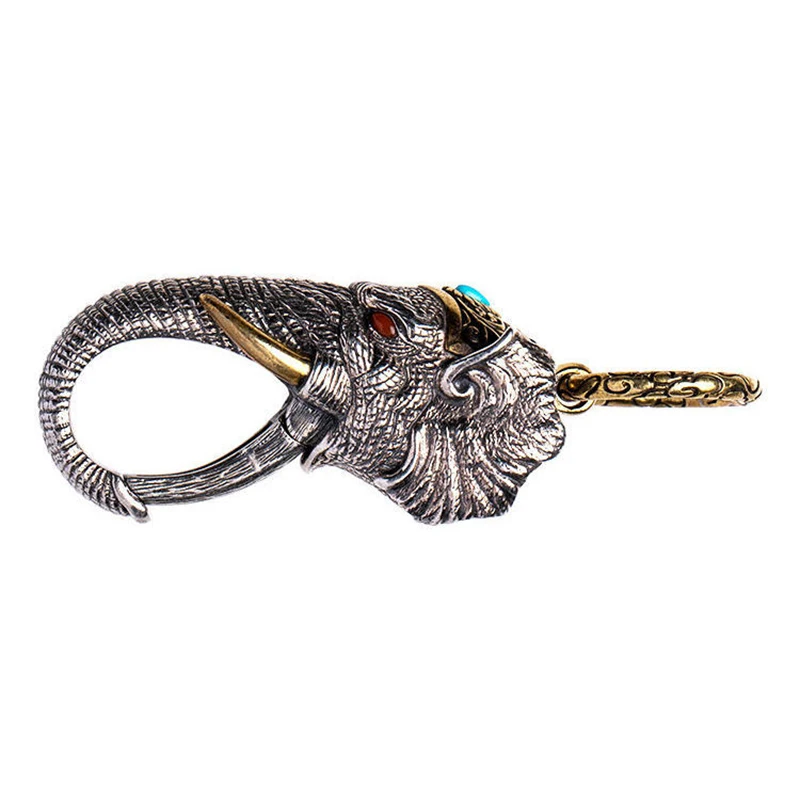 Silver Manual Elephant God of Wealth Pendant Ring Buckle Car Keychain Personality Creativity Vintage Jewelry
