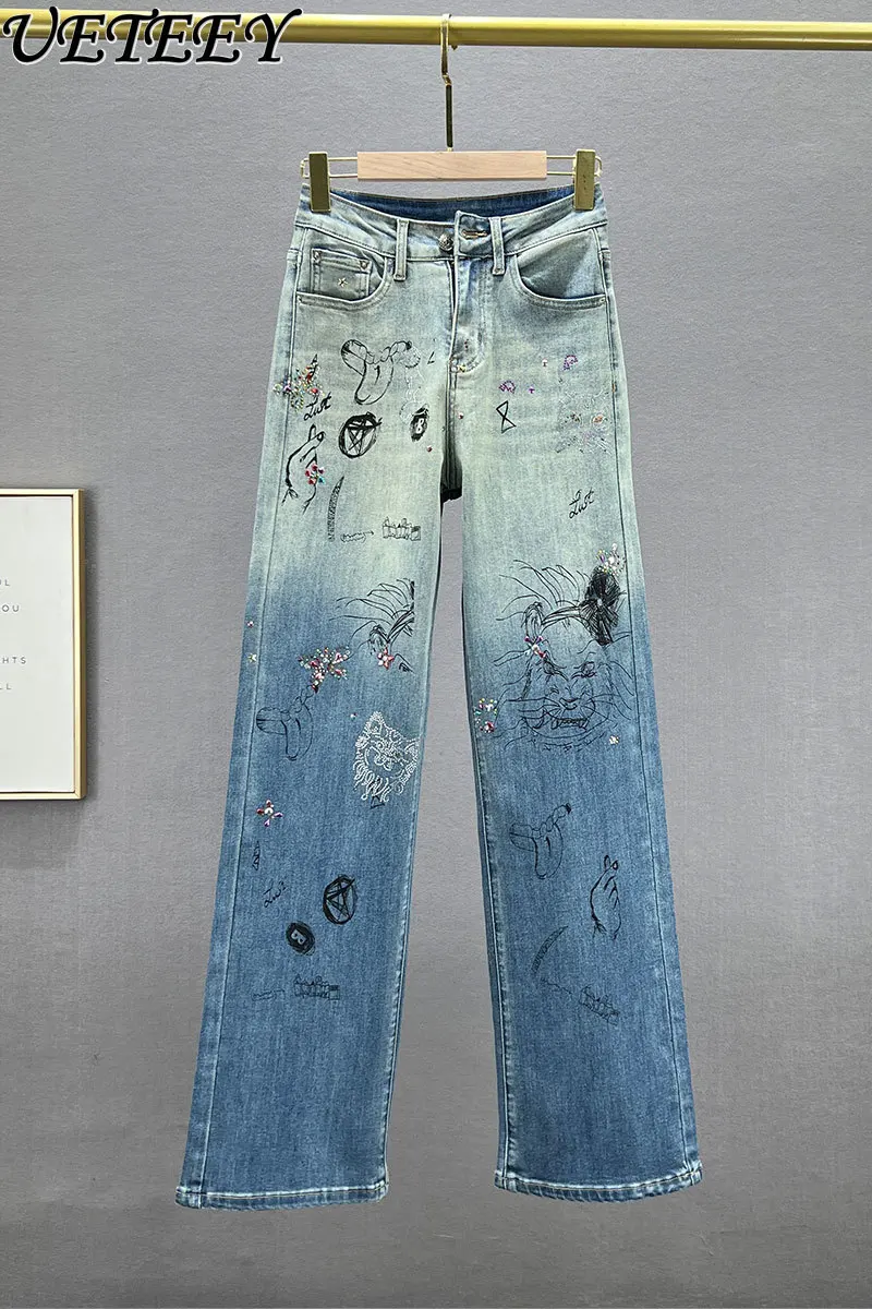 

Hot Drilling Blue Jeans for Women Long Trousers New Autumn High Waist Loose Slimming Rhinestone Baggy Pants Denim Wide-Leg Pants