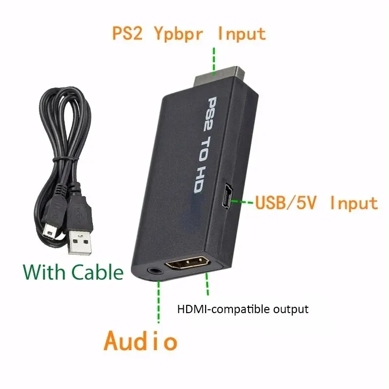 PS2 게임 콘솔용 3.5mm 오디오 잭이 있는 PS2-HDMI 변환 어댑터, 480i 480p 576i HDTV 모니터 지원