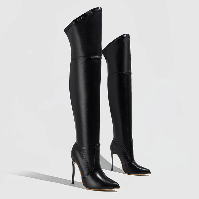 ZOOKERLIN Black Women Over The Knee Boots High Heels Genuine Leather Pointed Sexy Stiletto Slip On Sapatos Femininos Size 35-42