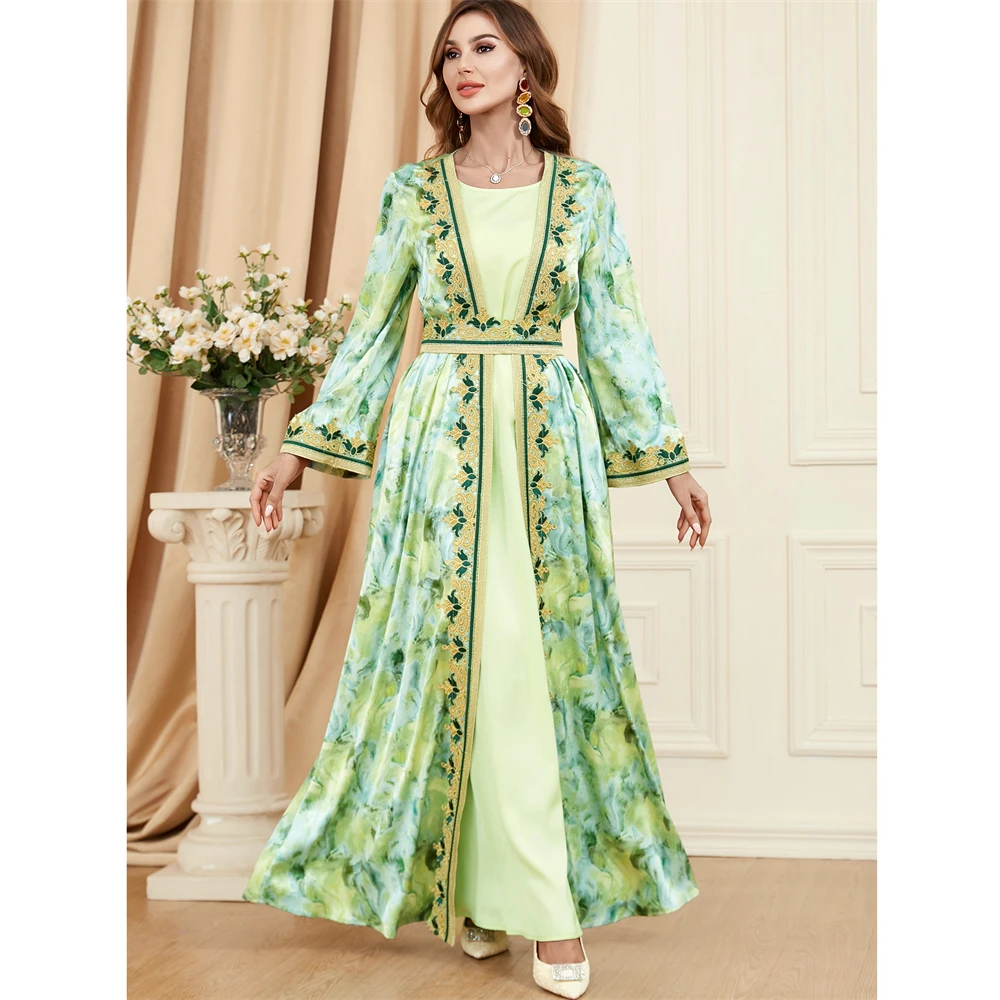 

Комплект Abaya для женщин из 2 предметов, шикарная кружевная вышитая лента с круглым вырезом, однотонное платье с принтом, искусственная мусульманская одежда для Рамадана