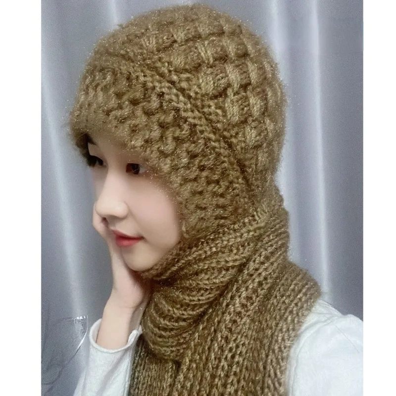 2023-new-wool-hat-scarves-integrated-women-winter-flowers-cold-warm-fashion-pure-hand-woven-scarf-one-piece-cap