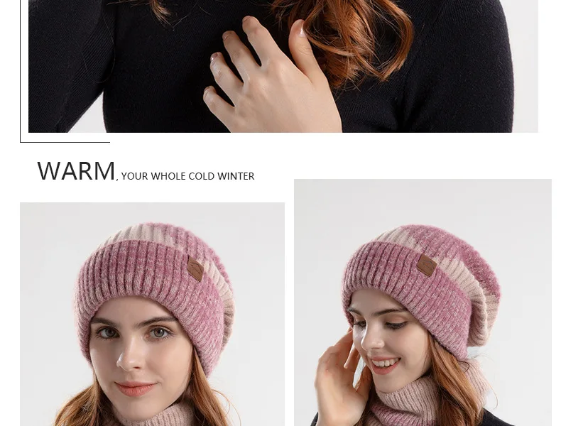 Winter Beanies Snood Sets Two Color Knitted Hat Female Casual Outdoor Balaclava Thicken Soft Warm Fur Scarf Cap Hats For_voghion.com