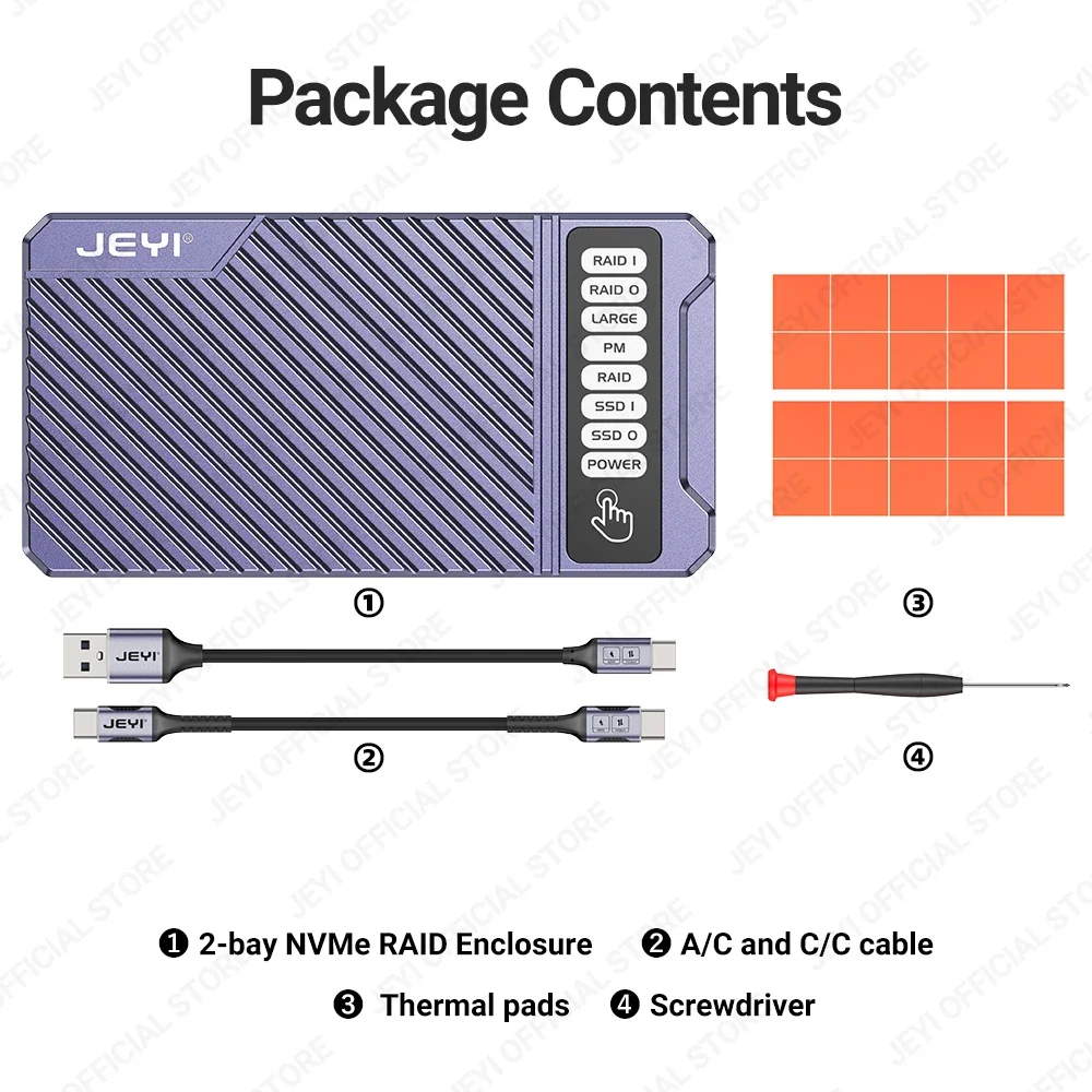 JEYI Dual Nvme Enclosure, 2-Bay Hardware RAID Enclosure, 20Gbps Transmission Speed SSD Case, Support RAID0/ RAID1/ Large/ JBOD