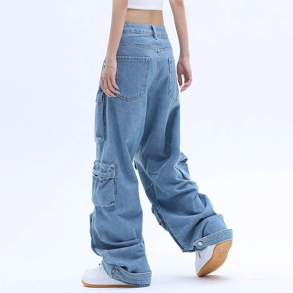 Pocket Solid Color Overalls Jeans Women's  Street Retro Loose Wide-Leg Overalls Couple Casual Joker Mopping Jeans Pants Women