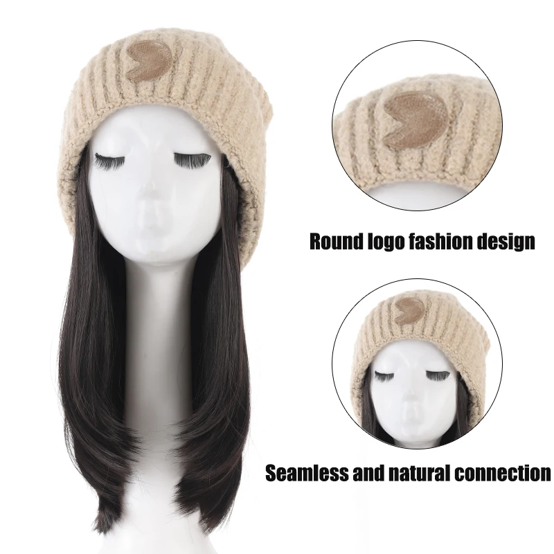 Hat wig one-piece women's collarbone hair simulation hair full head cover fashionable knitted wig hat