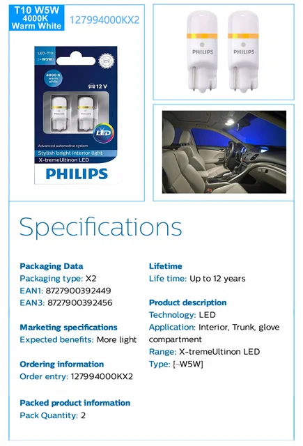 Philips X-tremeVision LED T10 w5w 8000k 