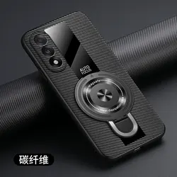 Luxurious Silicone Sheepskin Leather Shockproof Case with Magnetic Ring Holder and Plexiglass Back for OnePlus Nord 5 (Carbon Fiber Pattern)