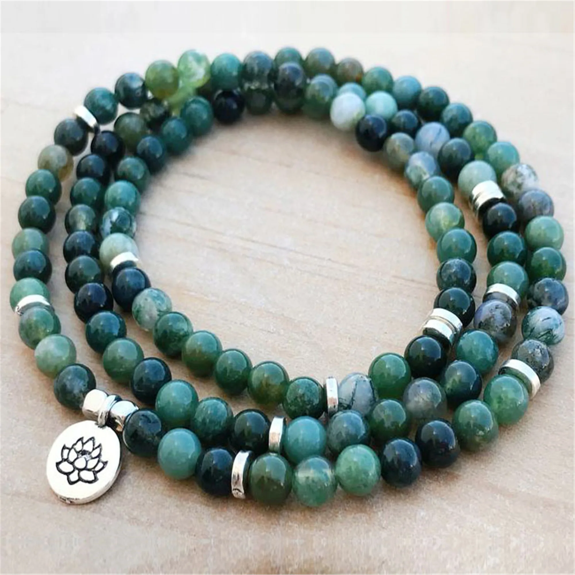 

6mm Natural Moss Agate 108 Beads Pendant Bracelet Party Unisex Fabric Contemporary Casual Beaded Jewelry Lovers Minimalist