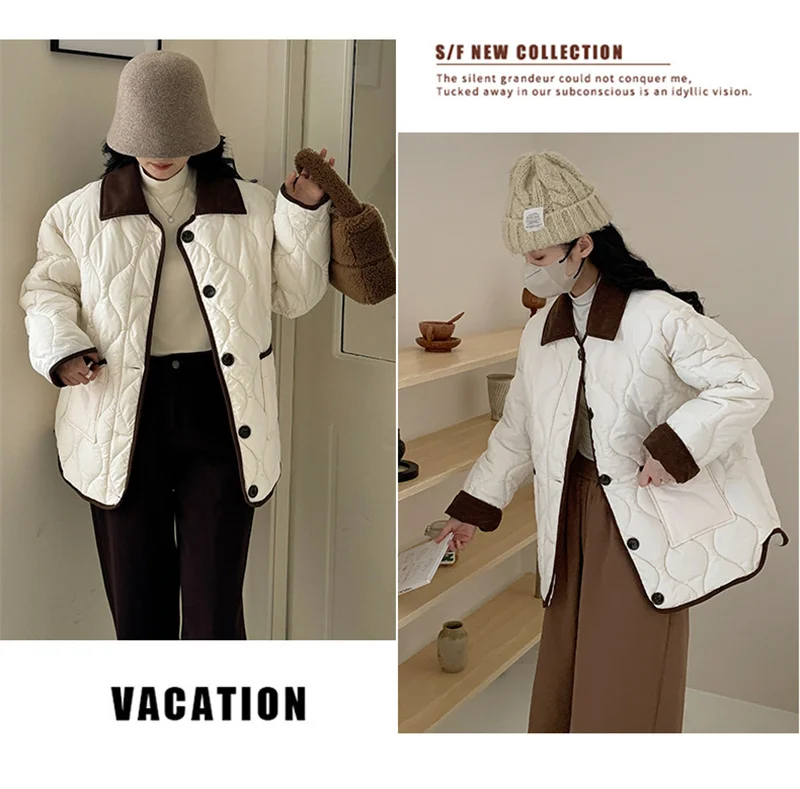 Short Down Cotton Jacket Women 2025 New Contrasting Color Lapel Diamond Grid Lightweight Loose Cotton Clothes Female Outerwear