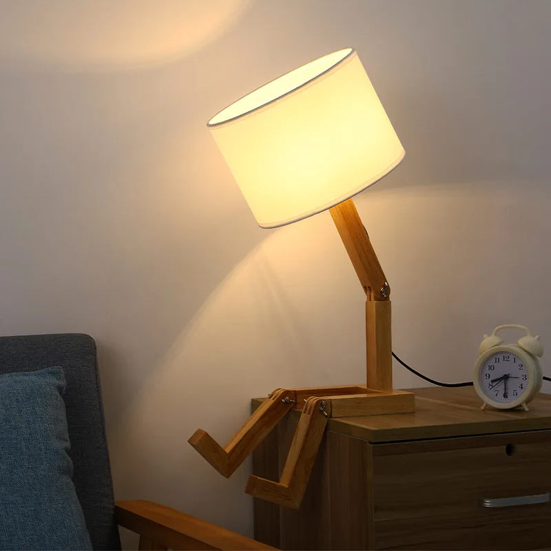 

Robot Shape Wooden Table Lamp E14 Lamp Holder 110-240V Modern Cloth Art Wood Desk Table Lamp Parlor Indoor Study Night Light