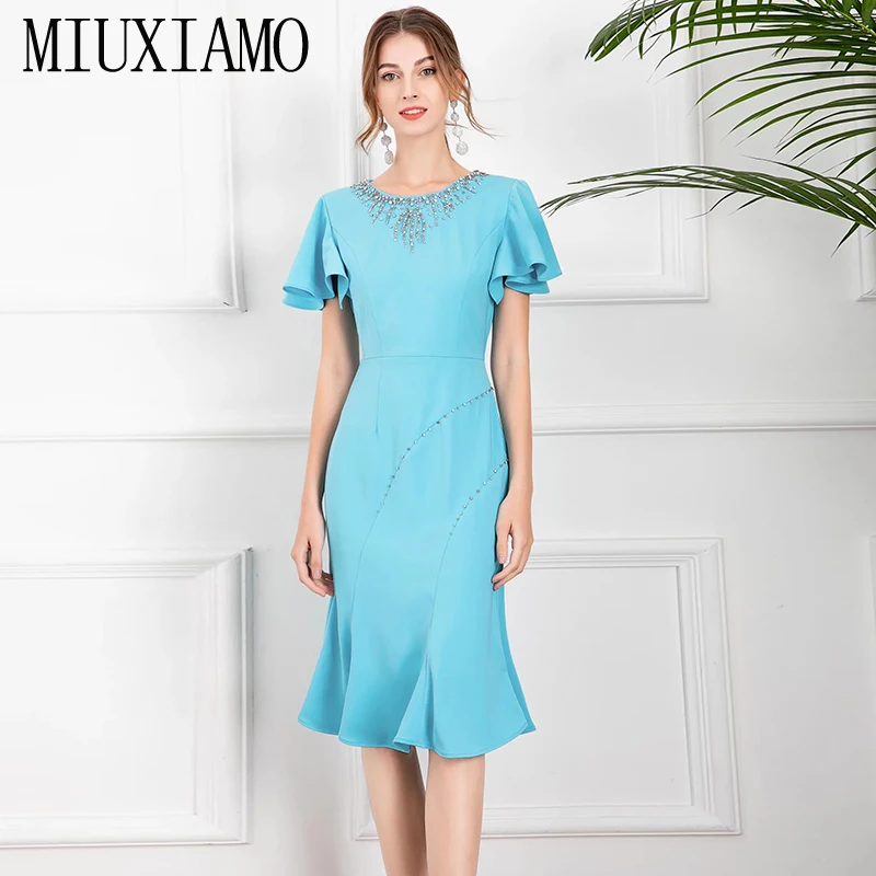 

MIUXIMAO 2022 High Quality Spring&Summer Elegant Trumpet Dress Short Sleeve O-Neck Diamonds Fashion Long Dress Women Vestides
