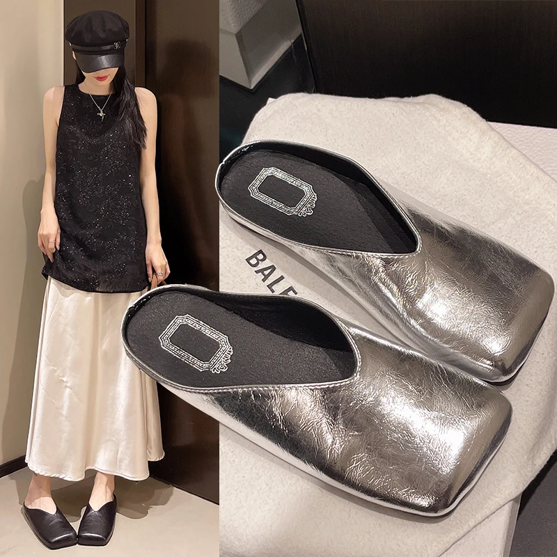 Shoes Slippers Flat Big Size Loafers Square Toe Slides Mules For Women 2025 Cover Retro Flat Shoes Female Big Size Ladies' Slipp