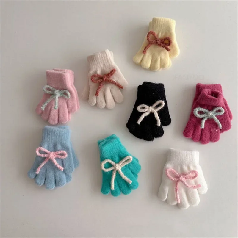 New Winter Cute Solid Color Bow Children Warm Gloves Girls Five Finger Gloves Korean Fashion Windproof Student Cycling Mittens 3