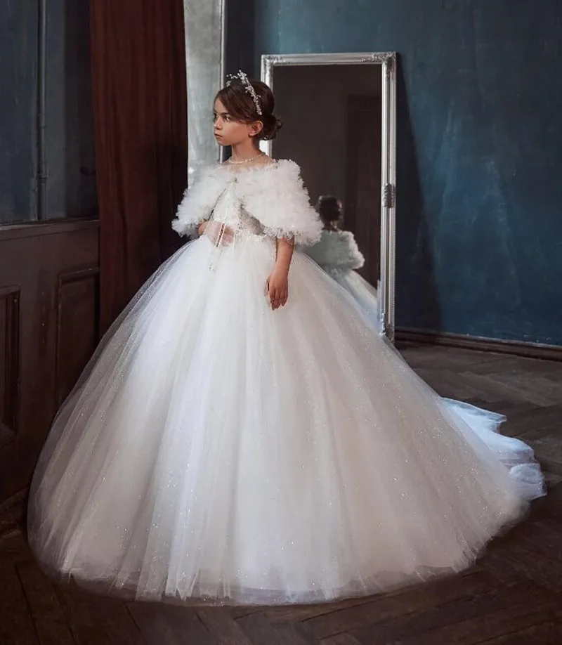 

Elegant Ball Gown Glitter Tulle Flower Girl Dress for Weddings Sheer Neck Beaded Lace Party Gown First Communion Dresses