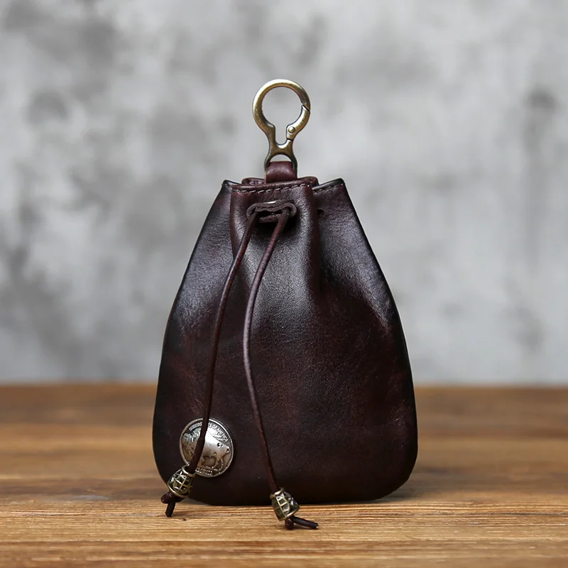 NZPJ Retro Genuine Leather Change Top Layer Cowhide Key Bag Lucky Bag Wallet Bundle Pocket Drawstring Storage Bag Coin Bag