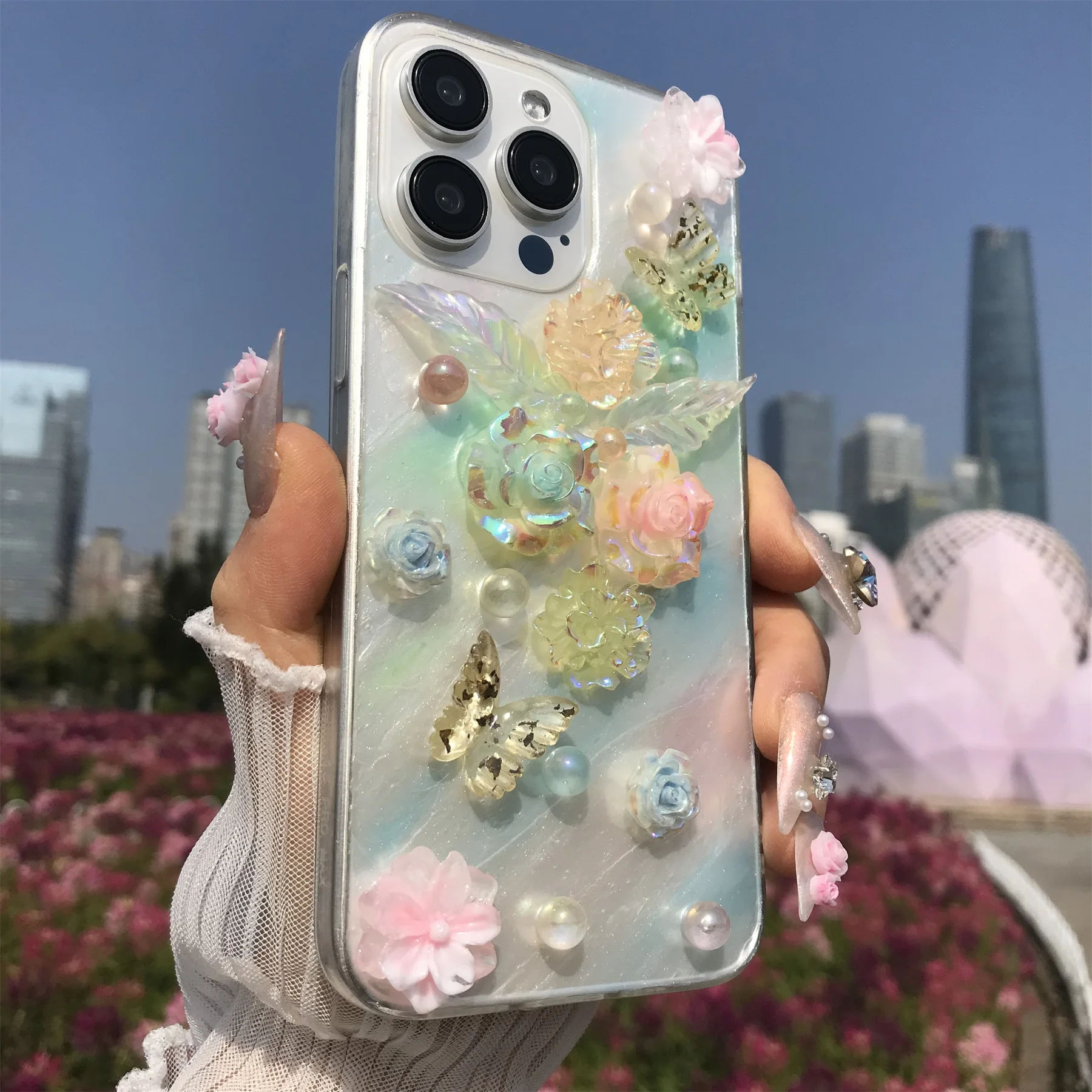 Handmade Dreamy Floral Butterfly Beaded Soft TPU Dustproof Phone Case