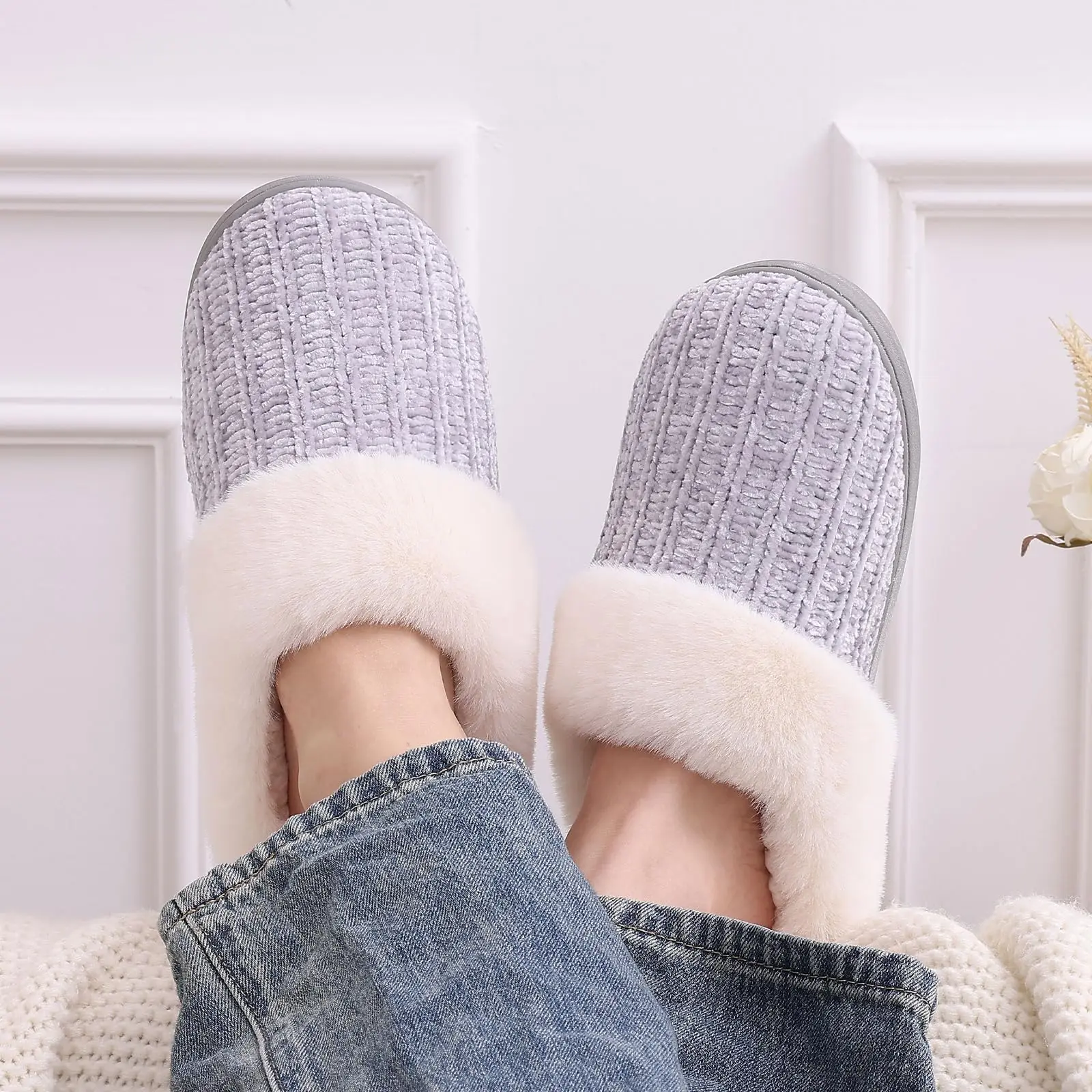 Comwarm Winter Knit Fur Slippers For Women Fleece Lined Plush Slippers With Memory Foam Soft Comfort Warm House Fuzzy Slides 2