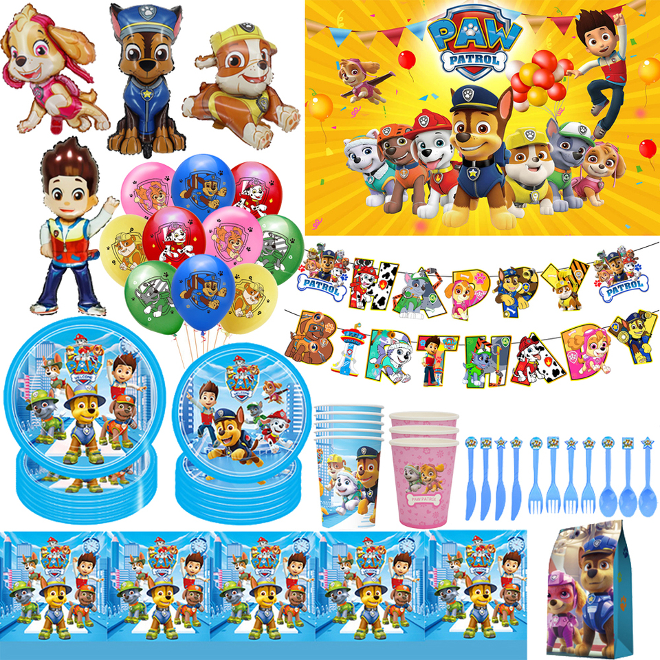 Paw Patrol Balloons Cartoon Dog Ryder Chase Skye Ballons Happy Birthday Banner Party Decorations Disposable Tableware Background