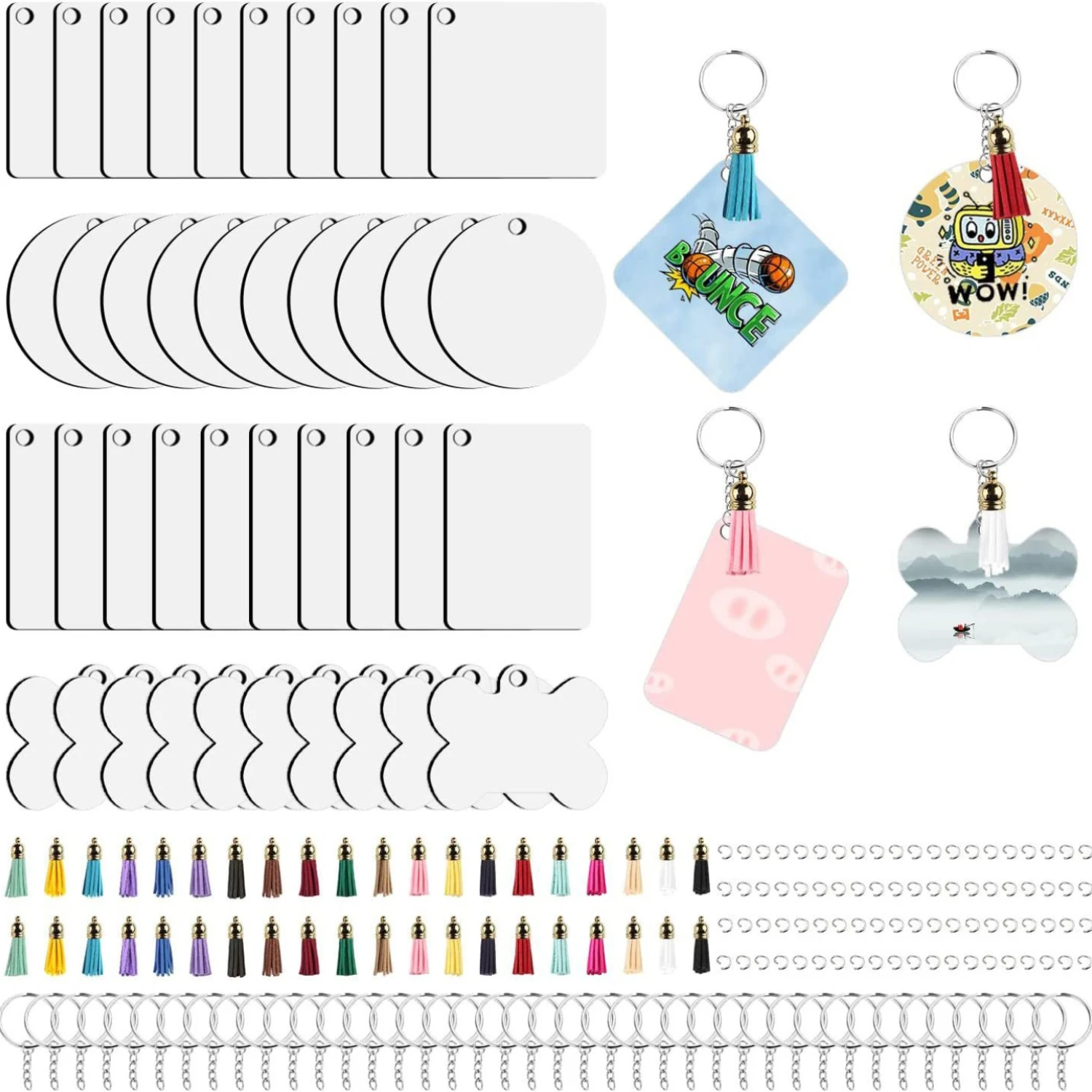 

200Pcs Sublimation Keychain Blanks Bulk Heat Transfer Keychains Double Side Keychain with Tassels Jump Rings DIY Gift Ornament