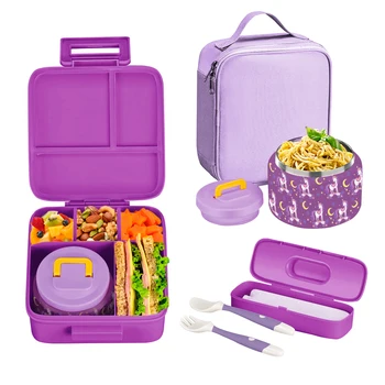 Boîte à déjeuner Bento pour enfants avec pot alimentaire isolé sous vide de 8oz, sac à déjeuner, sac de glace et fourchette et cuillère pliables, anti-fuite 1